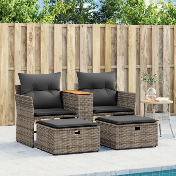 Gartensofa 2-Sitzer mit Hockern Grau Poly Rattan