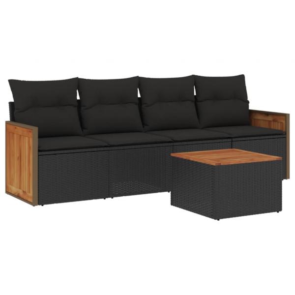 5-tlg. Garten-Sofagarnitur mit Kissen Schwarz Poly Rattan