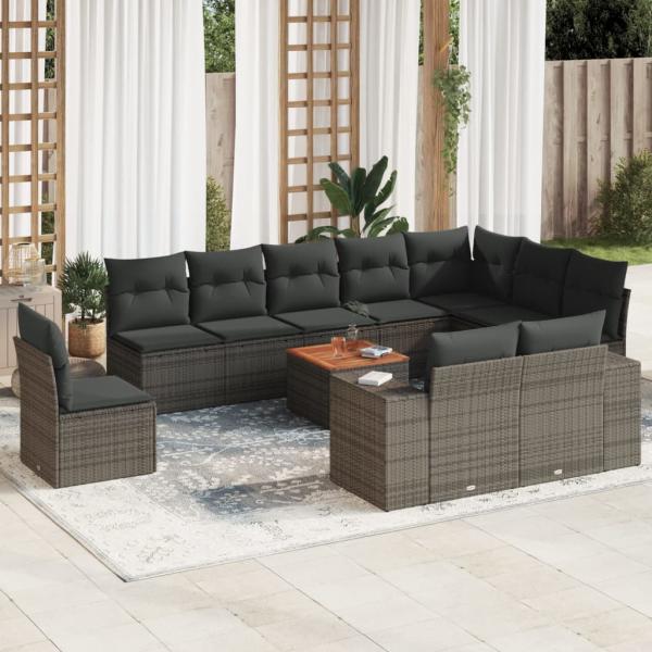 ARDEBO.de - 11-tlg. Garten-Sofagarnitur mit Kissen Grau Poly Rattan