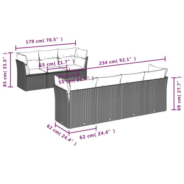 8-tlg. Garten-Sofagarnitur mit Kissen Grau Poly Rattan