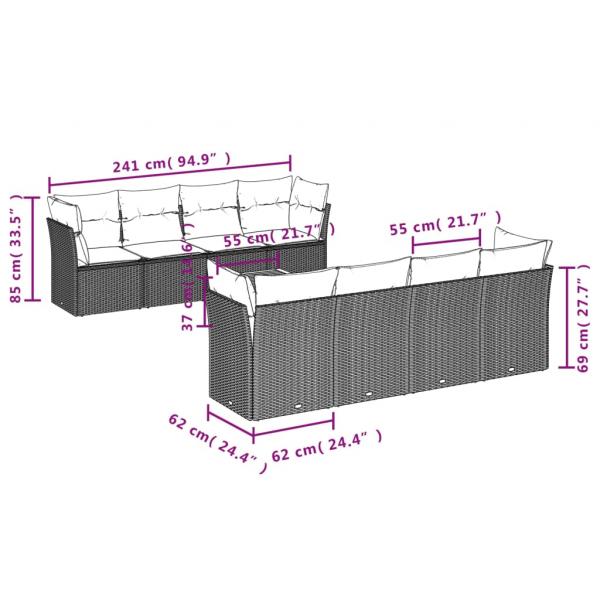 9-tlg. Garten-Sofagarnitur mit Kissen Grau Poly Rattan