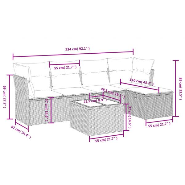 6-tlg. Garten-Sofagarnitur mit Kissen Grau Poly Rattan