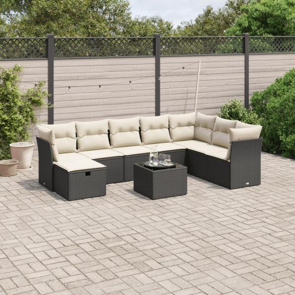 ARDEBO.de - 9-tlg. Garten-Sofagarnitur mit Kissen Schwarz Poly Rattan