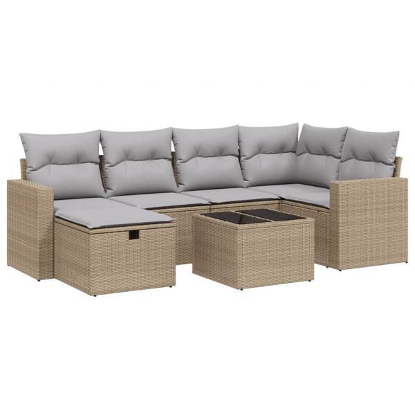 7-tlg. Garten-Sofagarnitur mit Kissen Beige Poly Rattan