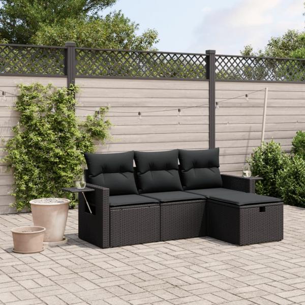 ARDEBO.de - 4-tlg. Garten-Sofagarnitur mit Kissen Schwarz Poly Rattan