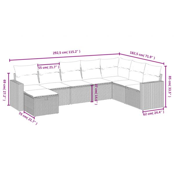 8-tlg. Garten-Sofagarnitur mit Kissen Grau Poly Rattan