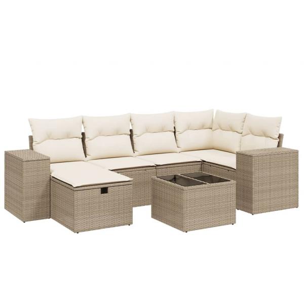 7-tlg. Garten-Sofagarnitur mit Kissen Beige Poly Rattan