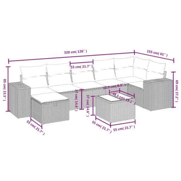 8-tlg. Garten-Sofagarnitur mit Kissen Grau Poly Rattan