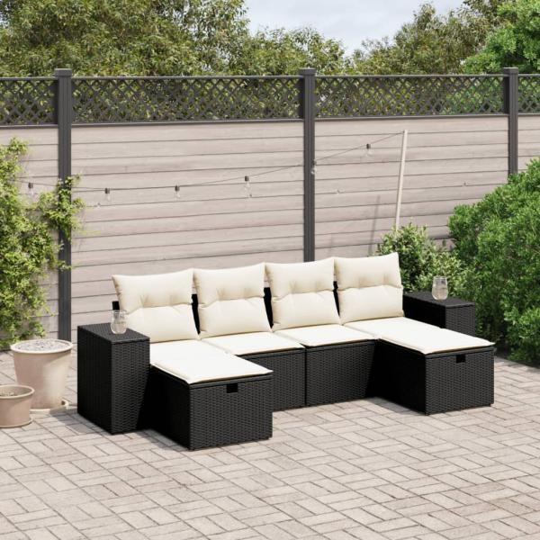 ARDEBO.de - 6-tlg. Garten-Sofagarnitur mit Kissen Schwarz Poly Rattan