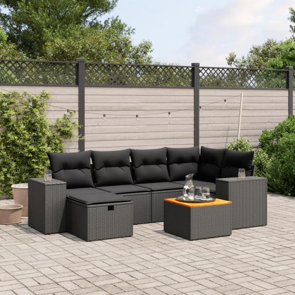 ARDEBO.de - 7-tlg. Garten-Sofagarnitur mit Kissen Schwarz Poly Rattan