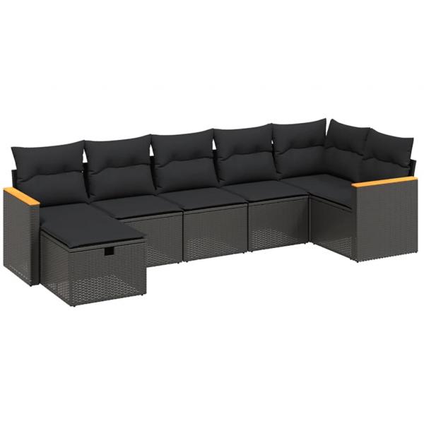 7-tlg. Garten-Sofagarnitur mit Kissen Schwarz Poly Rattan