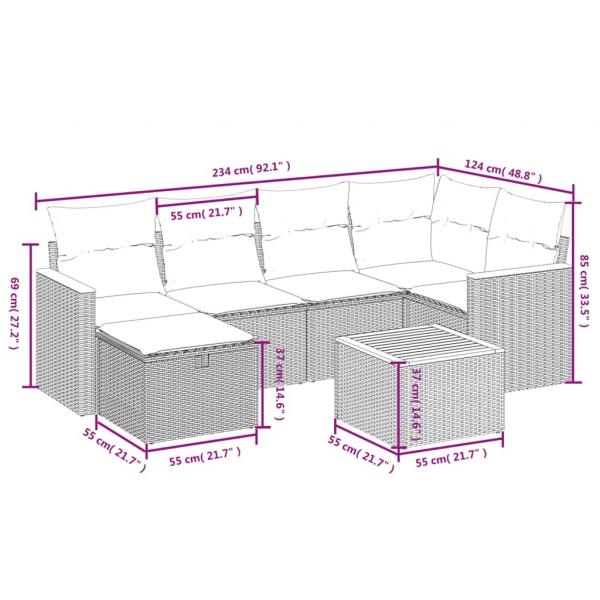 7-tlg. Garten-Sofagarnitur mit Kissen Schwarz Poly Rattan