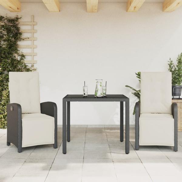 ARDEBO.de - 3-tlg. Bistro-Set mit Kissen Schwarz Poly Rattan