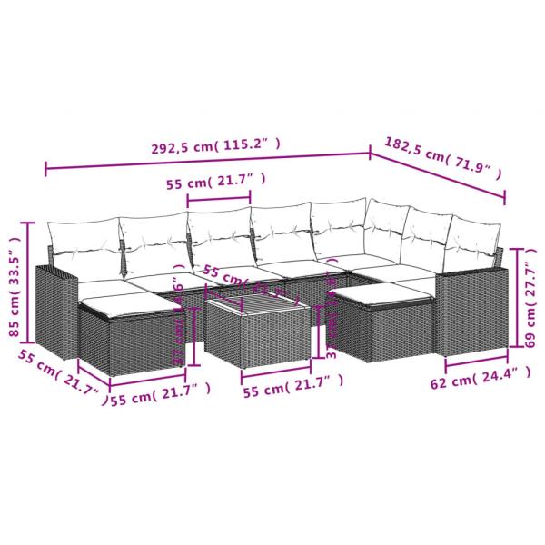 10-tlg. Garten-Sofagarnitur mit Kissen Schwarz Poly Rattan