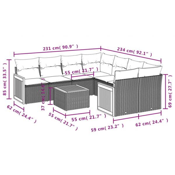 9-tlg. Garten-Sofagarnitur mit Kissen Grau Poly Rattan