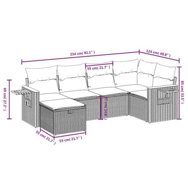 6-tlg. Garten-Sofagarnitur mit Kissen Grau Poly Rattan