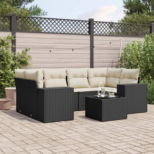 ARDEBO.de - 7-tlg. Garten-Sofagarnitur mit Kissen Schwarz Poly Rattan