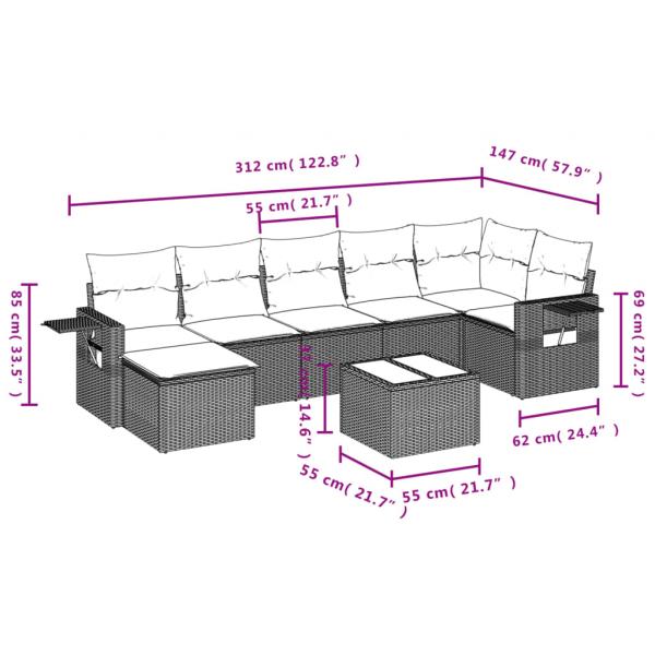 8-tlg. Garten-Sofagarnitur mit Kissen Grau Poly Rattan