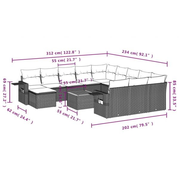 13-tlg. Garten-Sofagarnitur mit Kissen Grau Poly Rattan