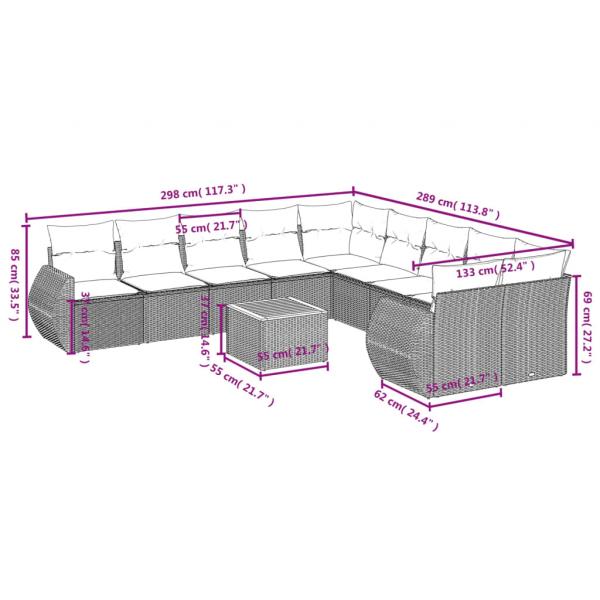 11-tlg. Garten-Sofagarnitur mit Kissen Grau Poly Rattan