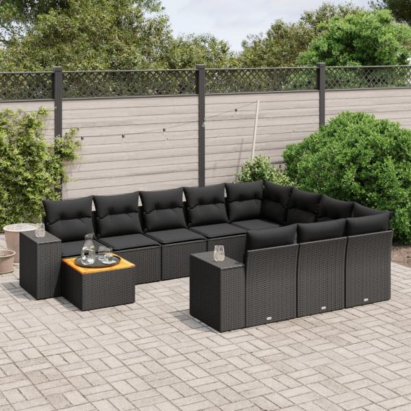 ARDEBO.de - 11-tlg. Garten-Sofagarnitur mit Kissen Schwarz Poly Rattan