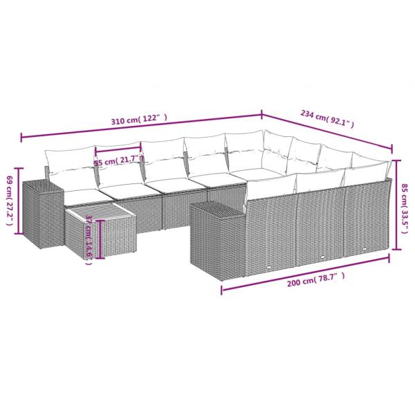 11-tlg. Garten-Sofagarnitur mit Kissen Schwarz Poly Rattan