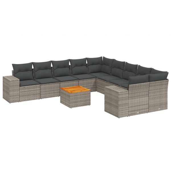 11-tlg. Garten-Sofagarnitur mit Kissen Grau Poly Rattan