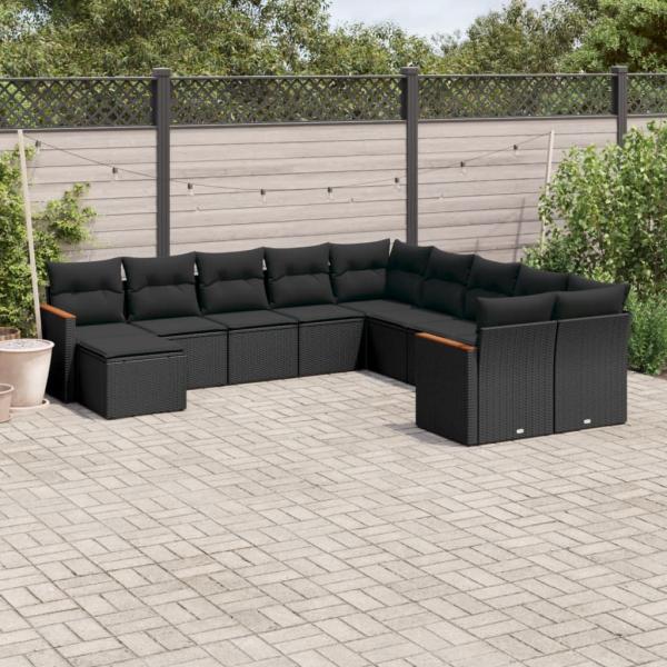 ARDEBO.de - 11-tlg. Garten-Sofagarnitur mit Kissen Schwarz Poly Rattan