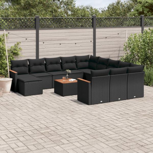 ARDEBO.de - 13-tlg. Garten-Sofagarnitur mit Kissen Schwarz Poly Rattan