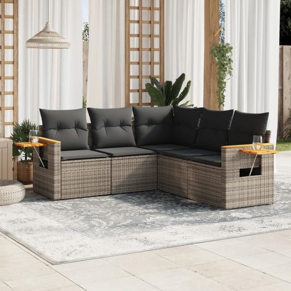 ARDEBO.de - 5-tlg. Garten-Sofagarnitur mit Kissen Grau Poly Rattan