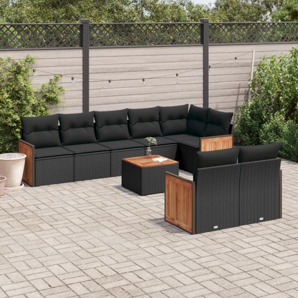 ARDEBO.de - 9-tlg. Garten-Sofagarnitur mit Kissen Schwarz Poly Rattan