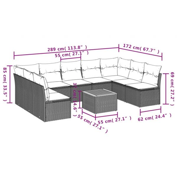 10-tlg. Garten-Sofagarnitur mit Kissen Schwarz Poly Rattan