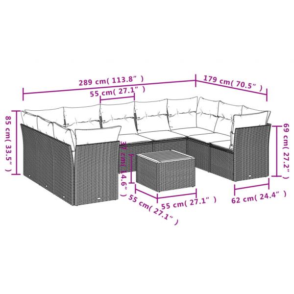 10-tlg. Garten-Sofagarnitur mit Kissen Schwarz Poly Rattan