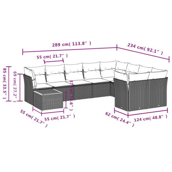 10-tlg. Garten-Sofagarnitur mit Kissen Grau Poly Rattan