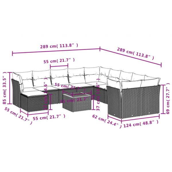 12-tlg. Garten-Sofagarnitur mit Kissen Grau Poly Rattan