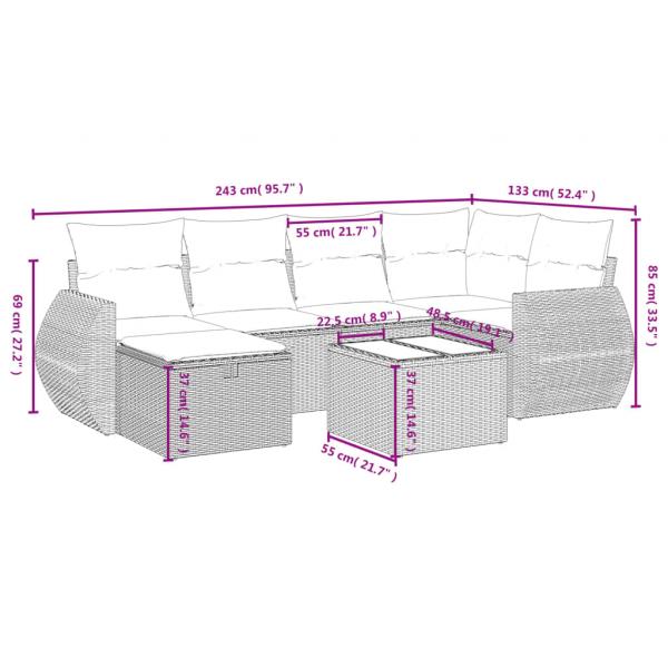 7-tlg. Garten-Sofagarnitur mit Kissen Grau Poly Rattan