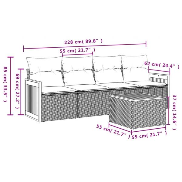 5-tlg. Garten-Sofagarnitur mit Kissen Grau Poly Rattan