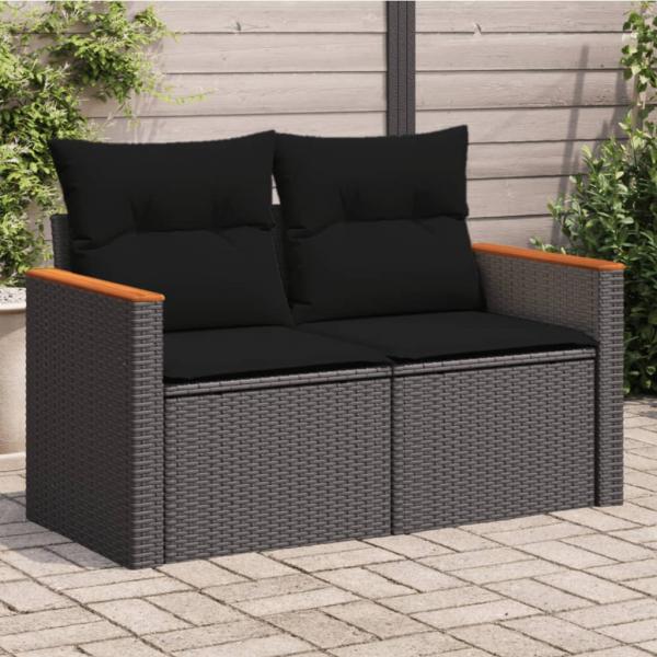 ARDEBO.de - Gartensofa mit Kissen 2-Sitzer Schwarz Poly Rattan