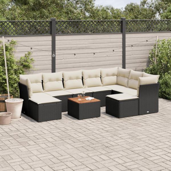 ARDEBO.de - 10-tlg. Garten-Sofagarnitur mit Kissen Schwarz Poly Rattan