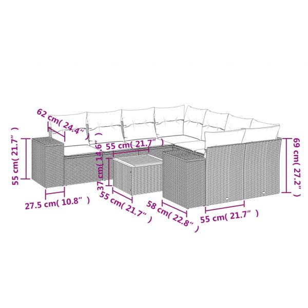 9-tlg. Garten-Sofagarnitur mit Kissen Schwarz Poly Rattan