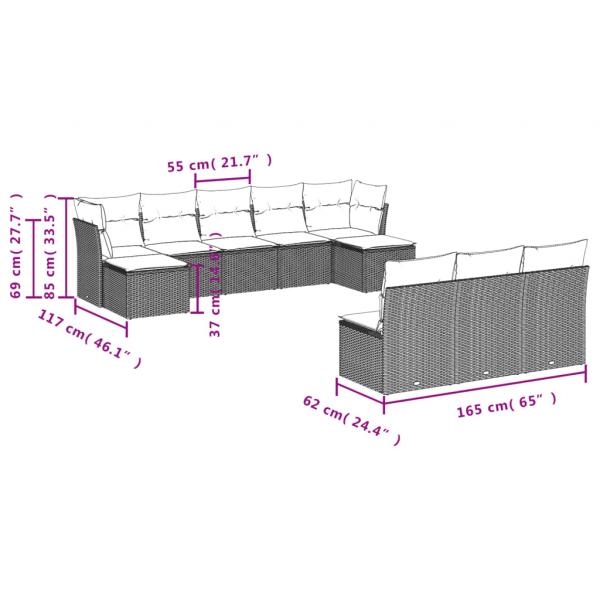 10-tlg. Garten-Sofagarnitur mit Kissen Grau Poly Rattan