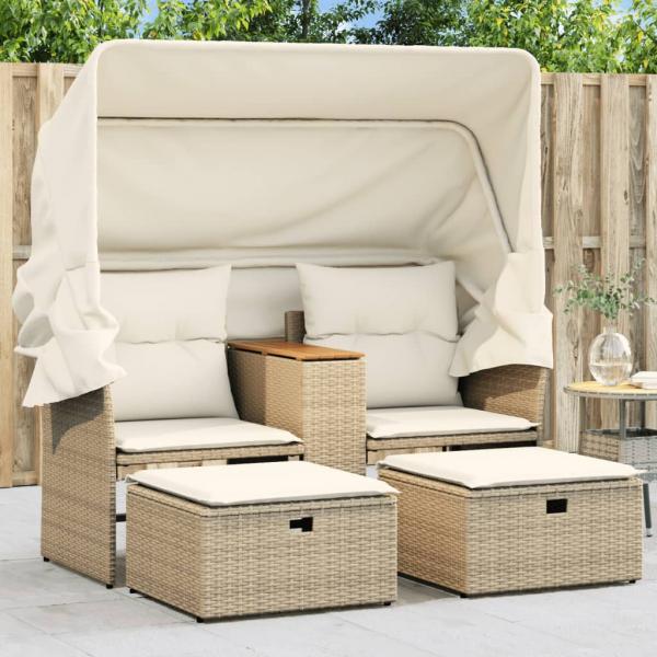 ARDEBO.de - Gartensofa 2-Sitzer mit Dach und Hockern Beige Poly Rattan