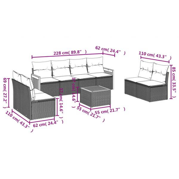 9-tlg. Garten-Sofagarnitur mit Kissen Schwarz Poly Rattan