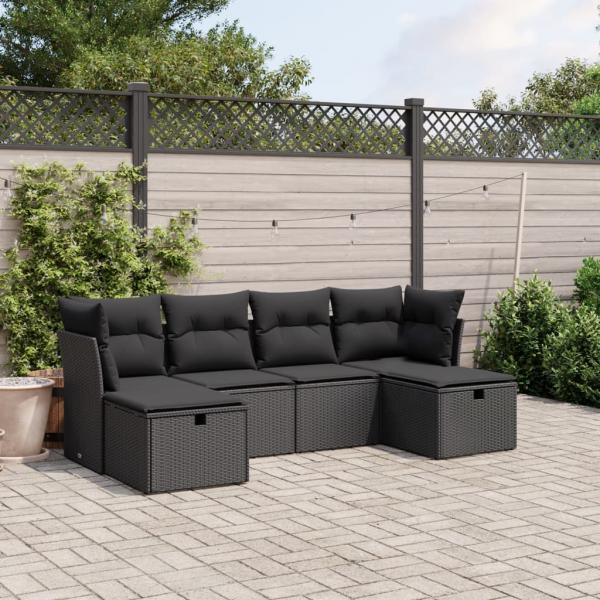 ARDEBO.de - 6-tlg. Garten-Sofagarnitur mit Kissen Schwarz Poly Rattan