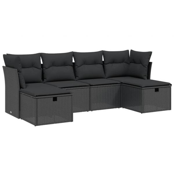 6-tlg. Garten-Sofagarnitur mit Kissen Schwarz Poly Rattan