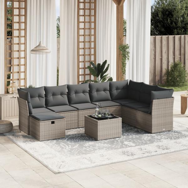 ARDEBO.de - 9-tlg. Garten-Sofagarnitur mit Kissen Grau Poly Rattan