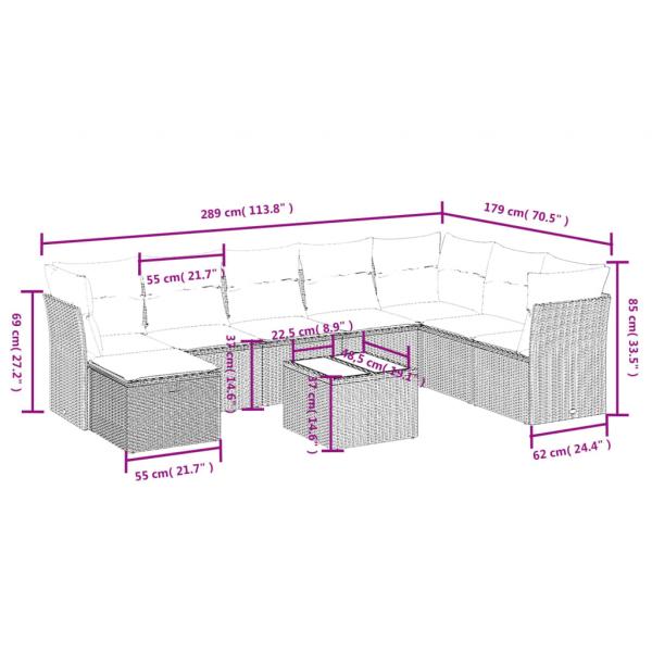 9-tlg. Garten-Sofagarnitur mit Kissen Grau Poly Rattan