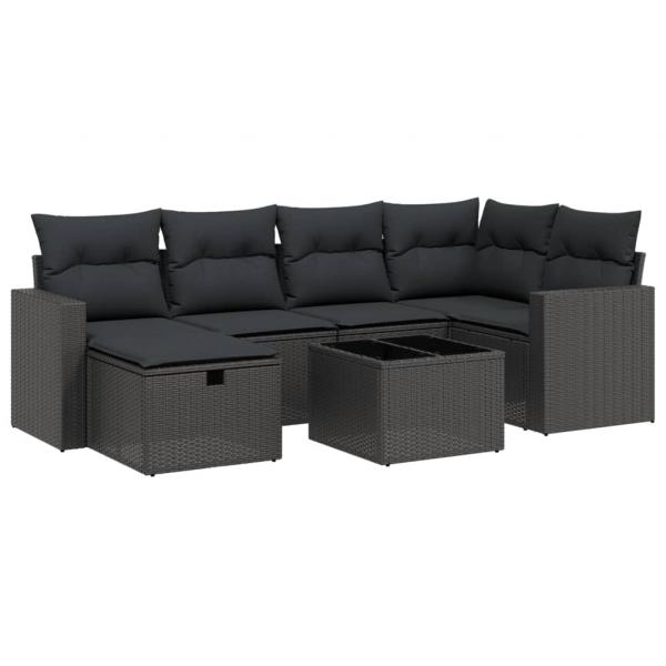 7-tlg. Garten-Sofagarnitur mit Kissen Schwarz Poly Rattan