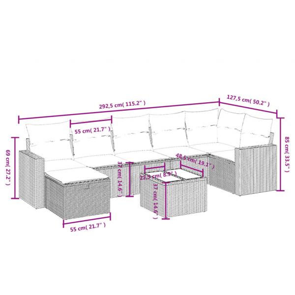 8-tlg. Garten-Sofagarnitur mit Kissen Grau Poly Rattan