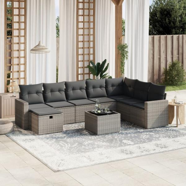 ARDEBO.de - 9-tlg. Garten-Sofagarnitur mit Kissen Grau Poly Rattan